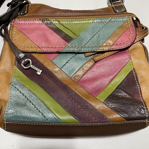 Fossil Vintage Patchwork Leather Crossbody Bag Cross Body Shoulder Adj. Strap - Picture 3 of 11